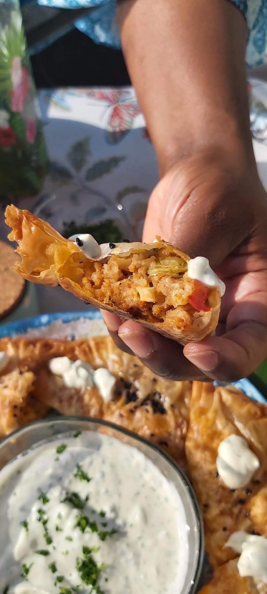 Veal Phyllo Turnovers with Green Seasoning Yogurt Dip