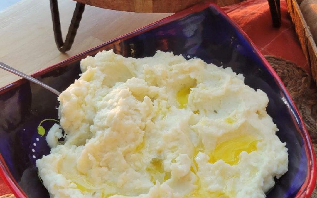 Garlic Scape Mashed Potatoes with Homestyle Peppercorn Gravy
