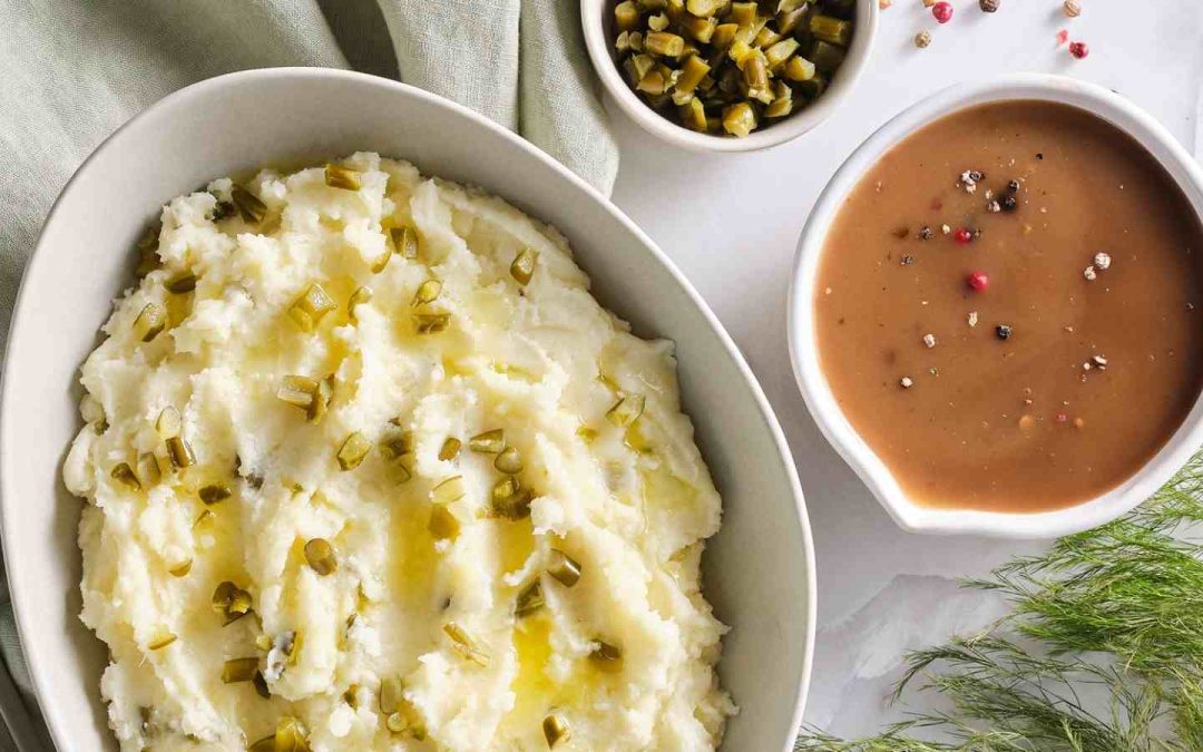 Garlic Scape Mashed Potatoes with Homestyle Peppercorn Gravy